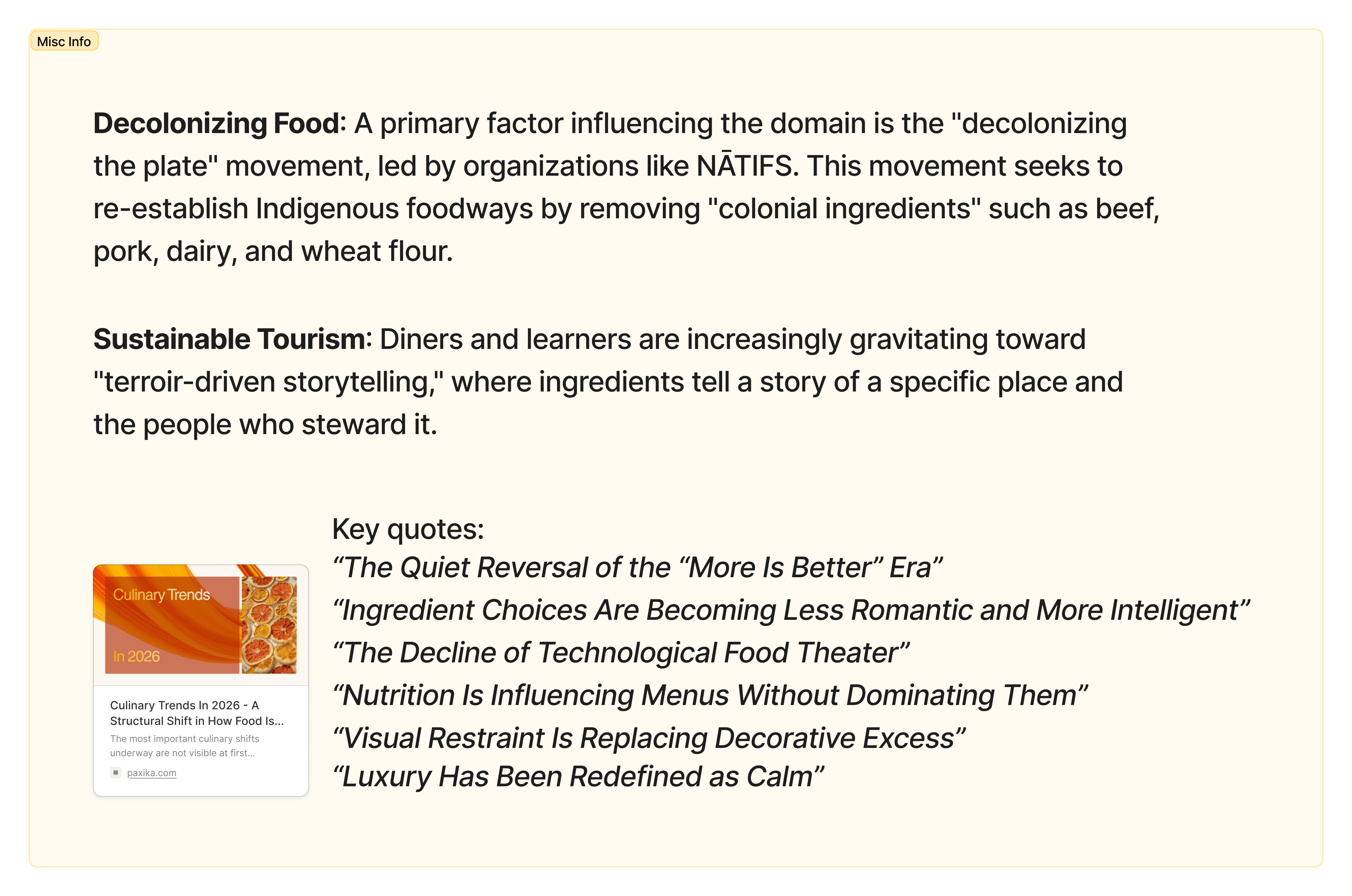 Notes on the decolonizing-food movement and sustainable-tourism trends shaping cultural food narratives